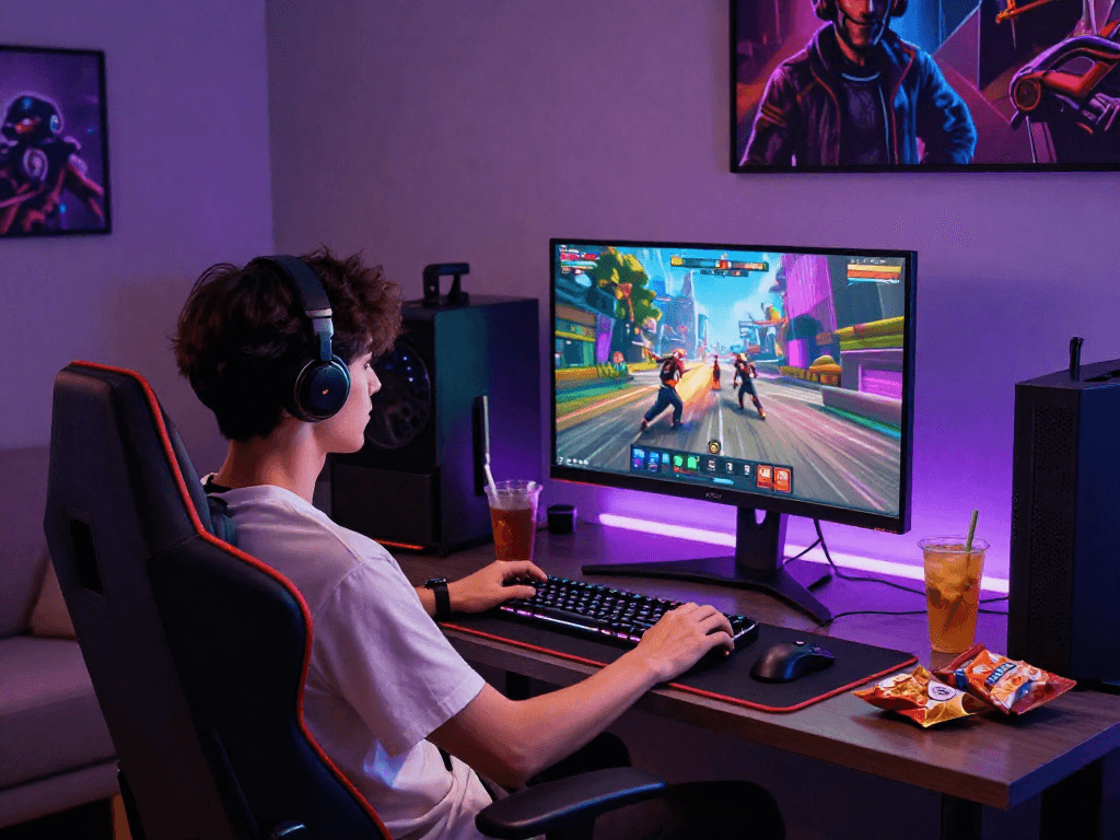 Engaged player enjoying a porngame on a dynamic gaming setup surrounded by gaming accessories.