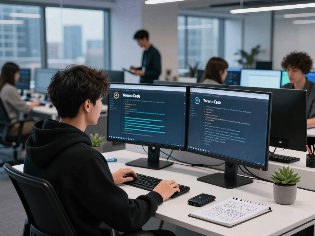 Tornado Cash workspace showcasing advanced crypto technology with smart contracts and developer at dual monitors.