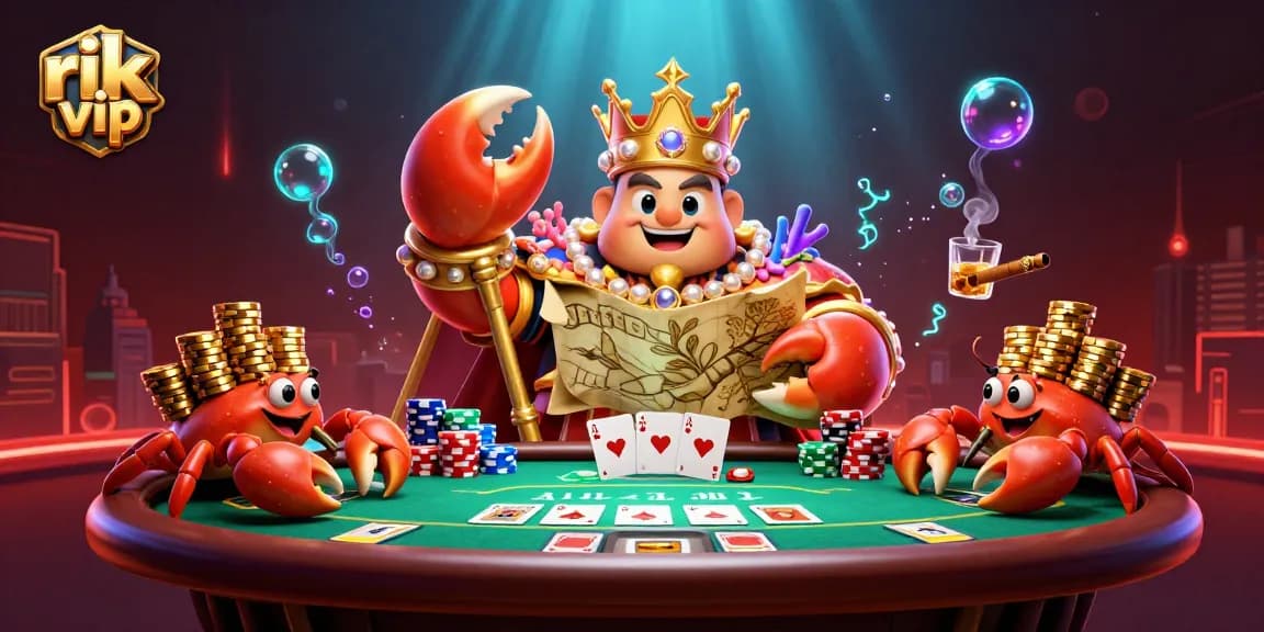 Experience exciting casino action with rik vip through the crab emperor holding treasures and poker elements.