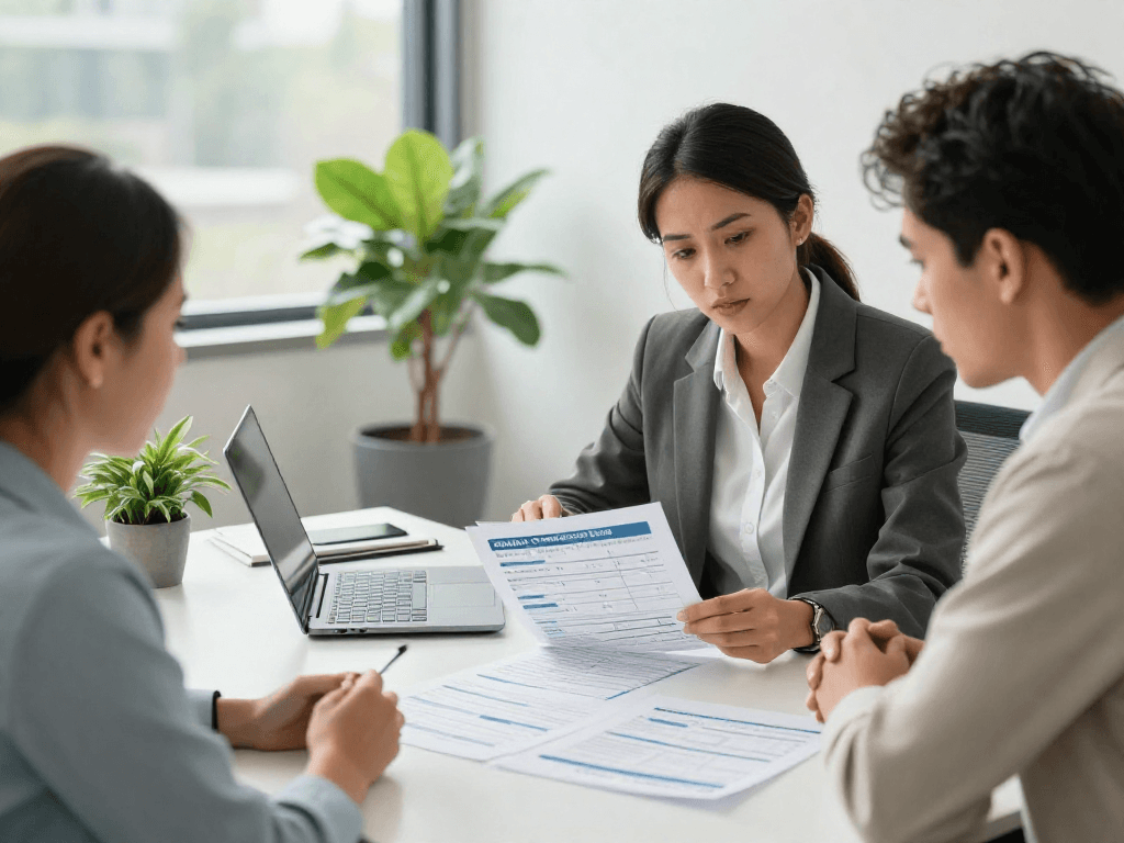 Client consulting financial advisor about credit consolidation options in a modern office