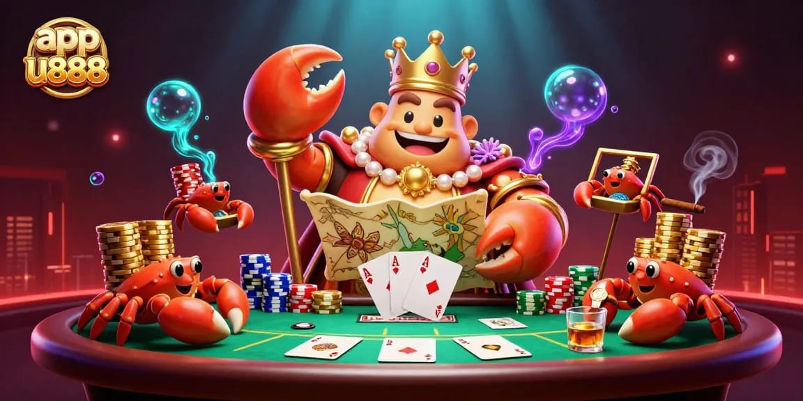 Engage with app u888 through an immersive 3D illustration featuring a crab emperor, poker elements, and vibrant casino atmosphere.
