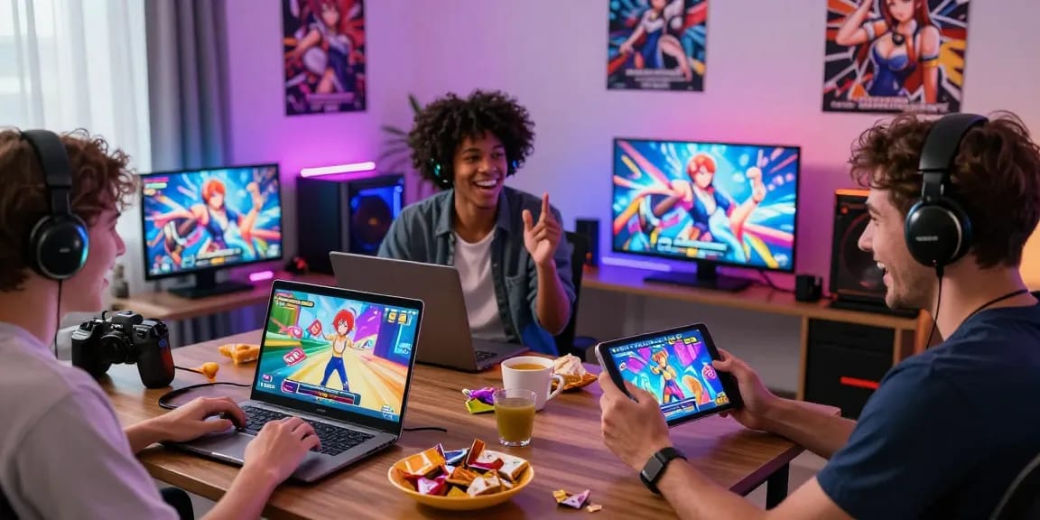 Players enjoying ecchi games together on various devices in a lively gaming setting.