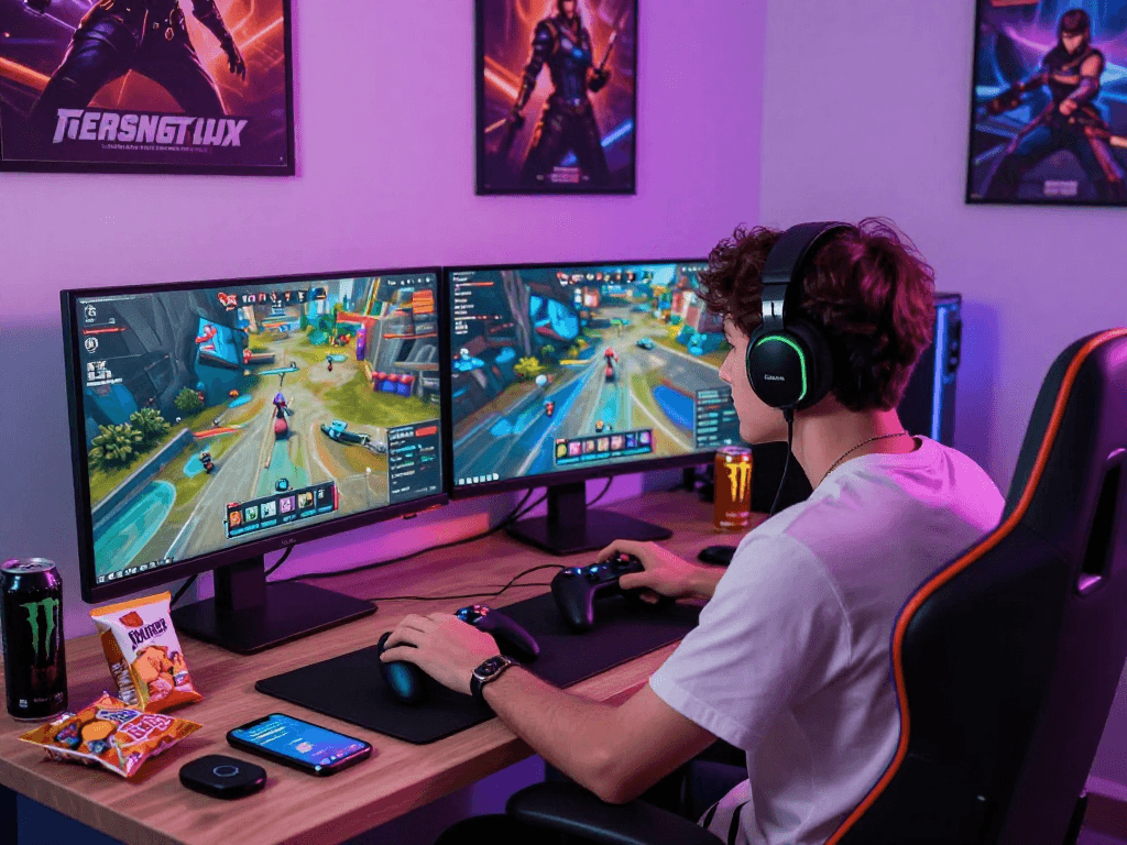 Engage with 3D porn game in a colorful gaming studio setup with immersive visuals.