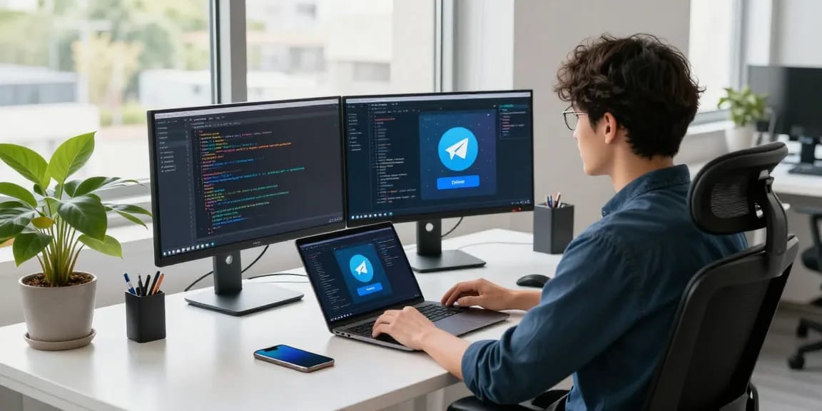 Download Telegram下载 on a modern workspace with tech gadgets and app interfaces.