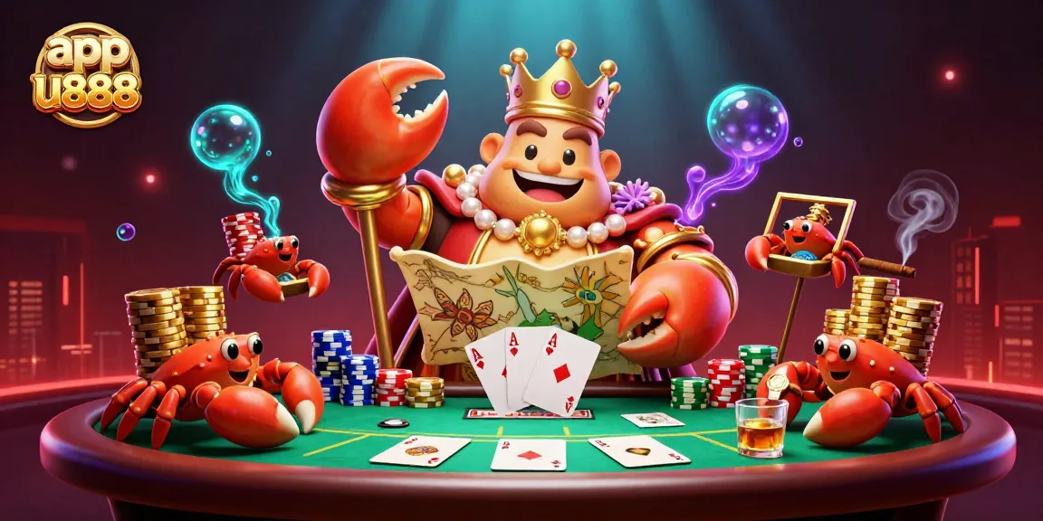 Engage with app u888 through an immersive 3D illustration featuring a crab emperor, poker elements, and vibrant casino atmosphere.