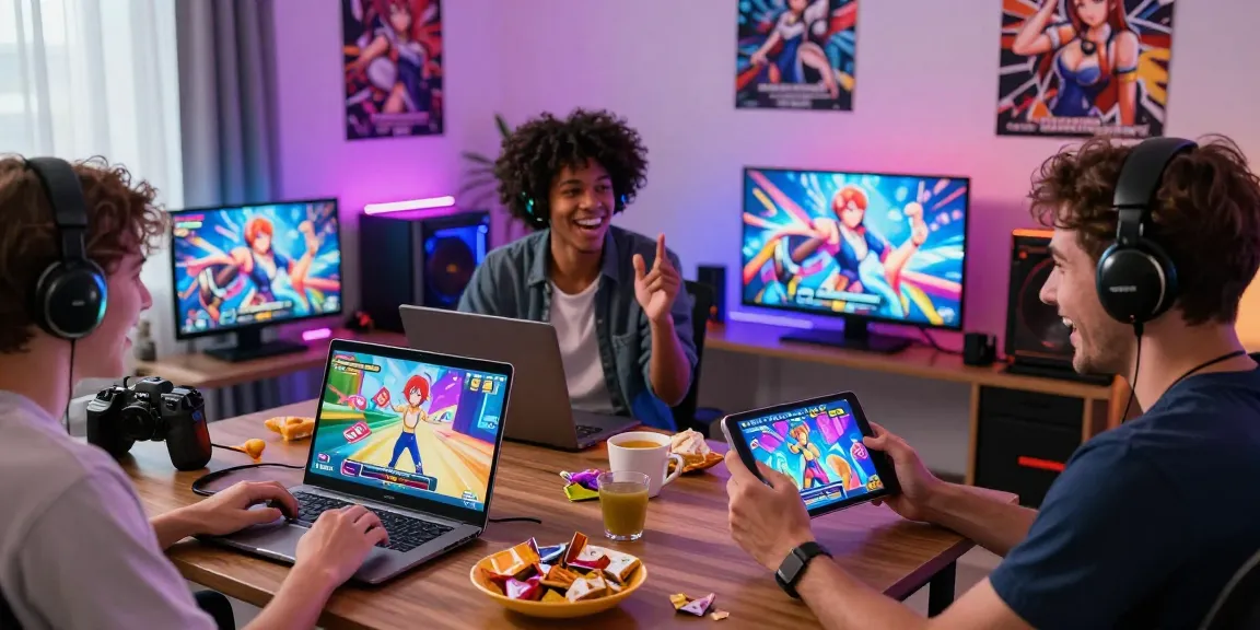 Players enjoying ecchi games together on various devices in a lively gaming setting.