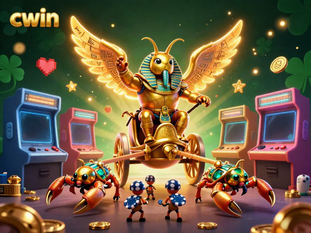 Experience thrilling gameplay with CWIN, featuring a golden scarab and scorpions amidst colorful arcade elements.