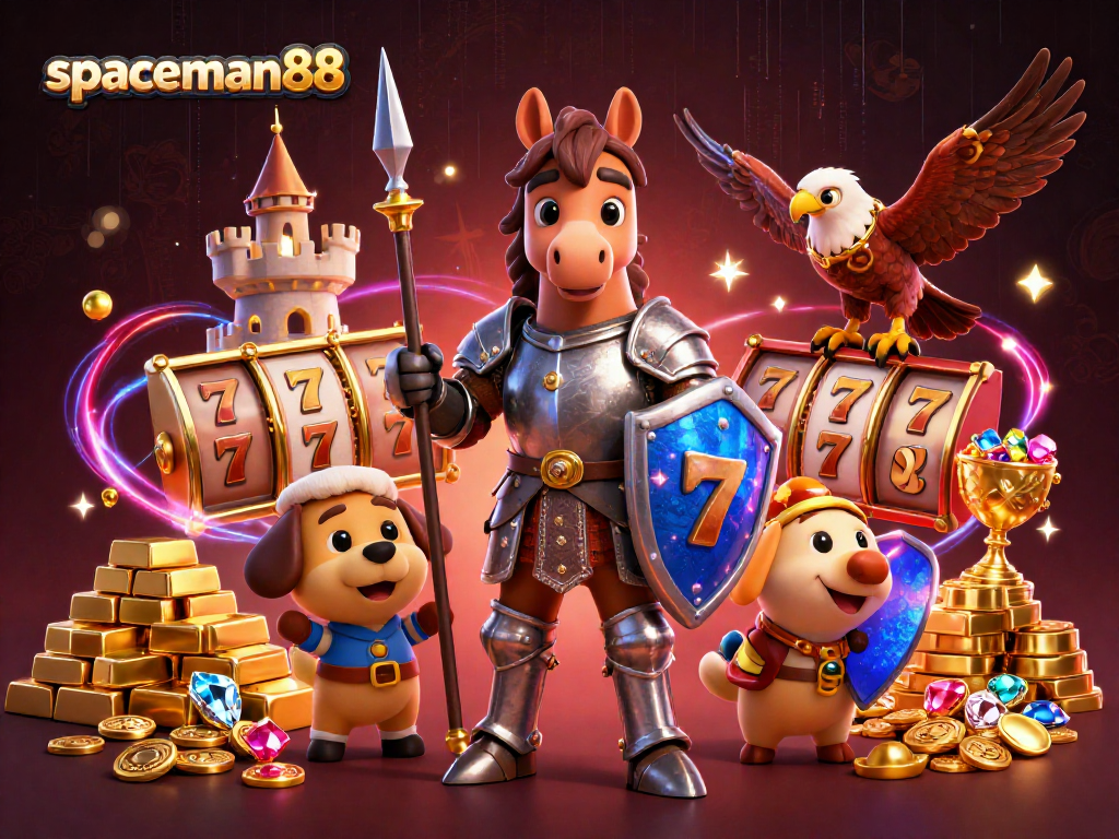 Engage with the vibrant scene of spaceman88, featuring a knight, squire puppy, and falcon amidst slot symbols and treasures.