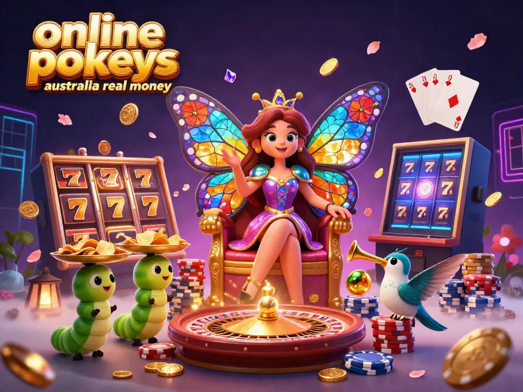 Experience the thrill of online pokies Australia real money with a vibrant 3D illustration of a butterfly queen among casino elements.