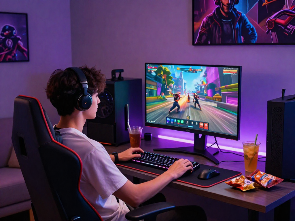 Engaged player enjoying a porngame on a dynamic gaming setup surrounded by gaming accessories.
