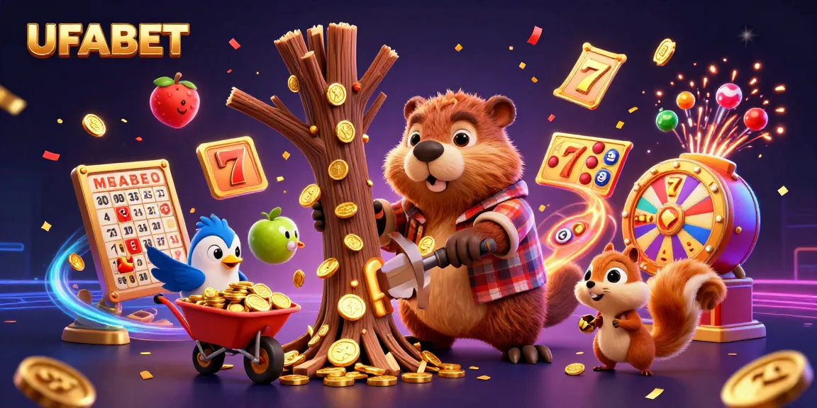 Experience win after win at UFABET with vibrant 3D casino characters amid gold coins and slots.