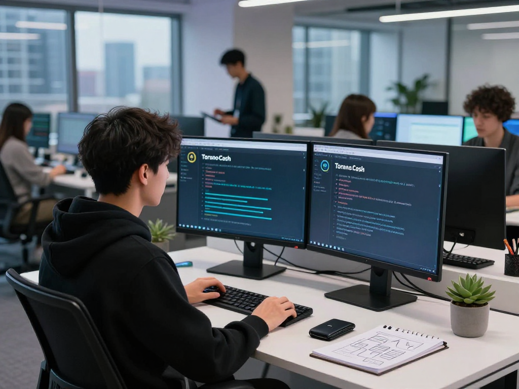 Tornado Cash workspace showcasing advanced crypto technology with smart contracts and developer at dual monitors.