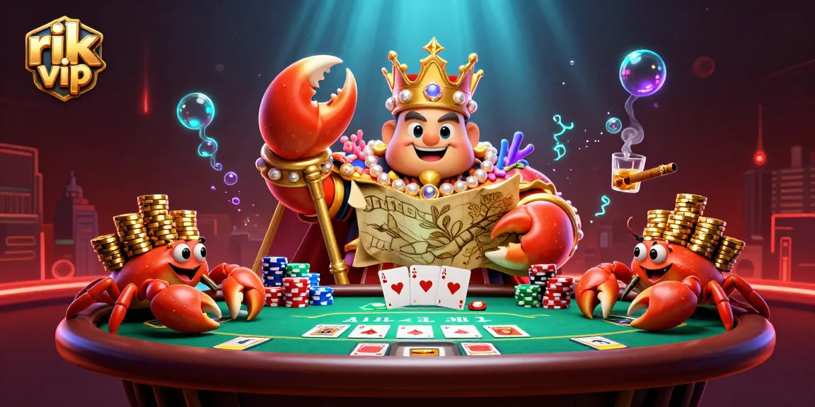 Experience exciting casino action with rik vip through the crab emperor holding treasures and poker elements.