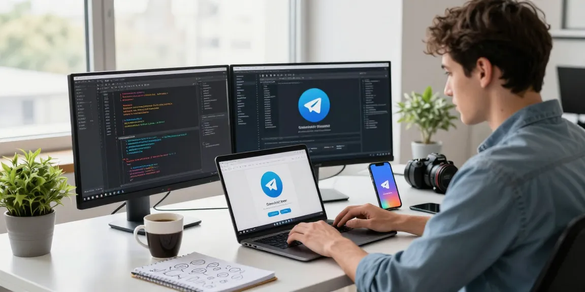Download Telegram app in a modern workspace showcasing productivity and technology.