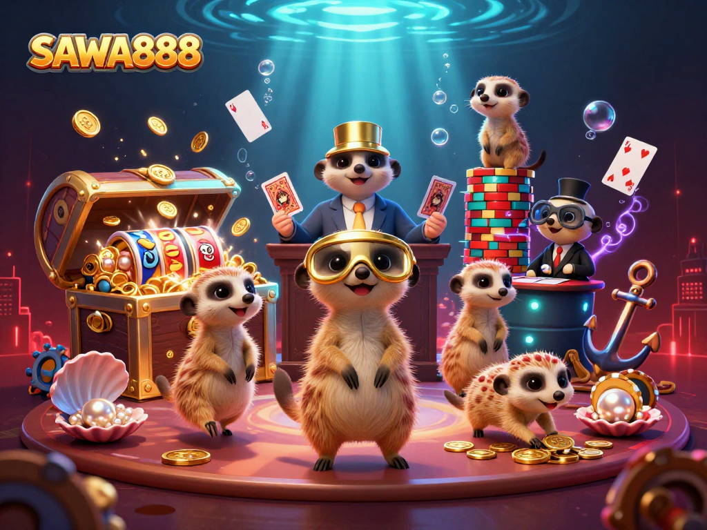 SAWA888 meerkats manage a vibrant casino scene with dynamic slots and colorful treasures.