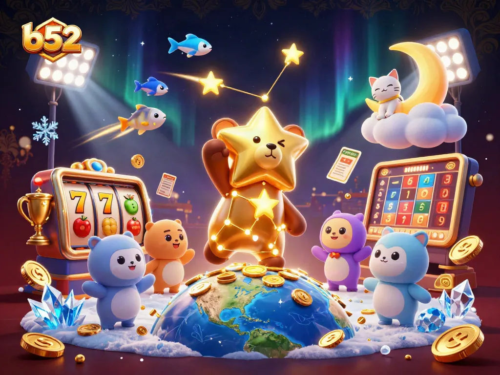 B52 gaming scene featuring a constellation bear scooping coins amidst slot reels and trophies