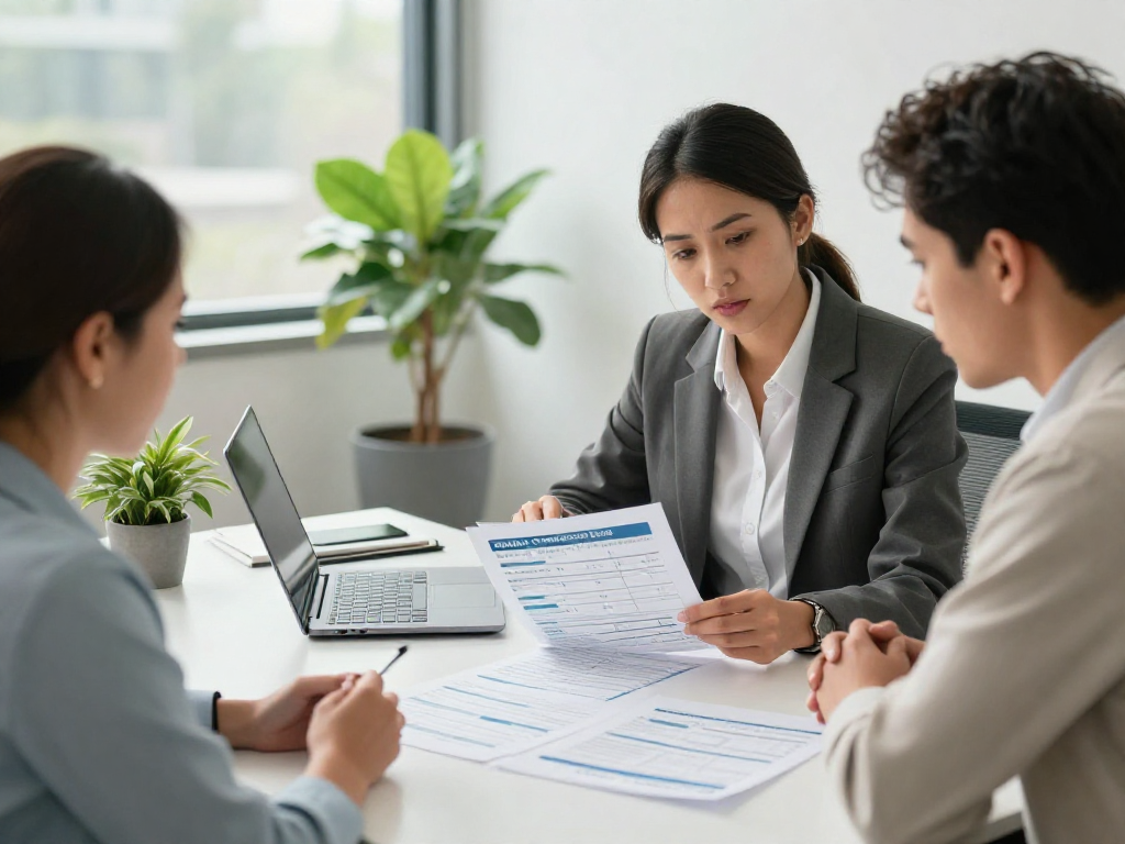 Client consulting financial advisor about credit consolidation options in a modern office