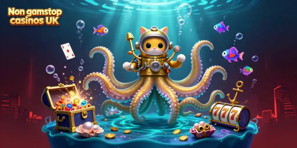 Engage in thrilling action at Non gamstop casinos UK, featuring a whimsical kraken and treasure-filled underwater scene.