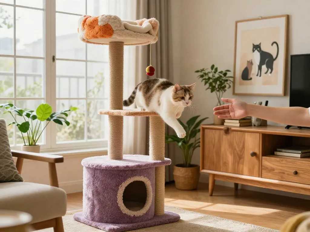 A playful cat on a vibrant multi-level cat tower cat tree in a cozy living room setting, showcasing a lively indoor pet environment.
