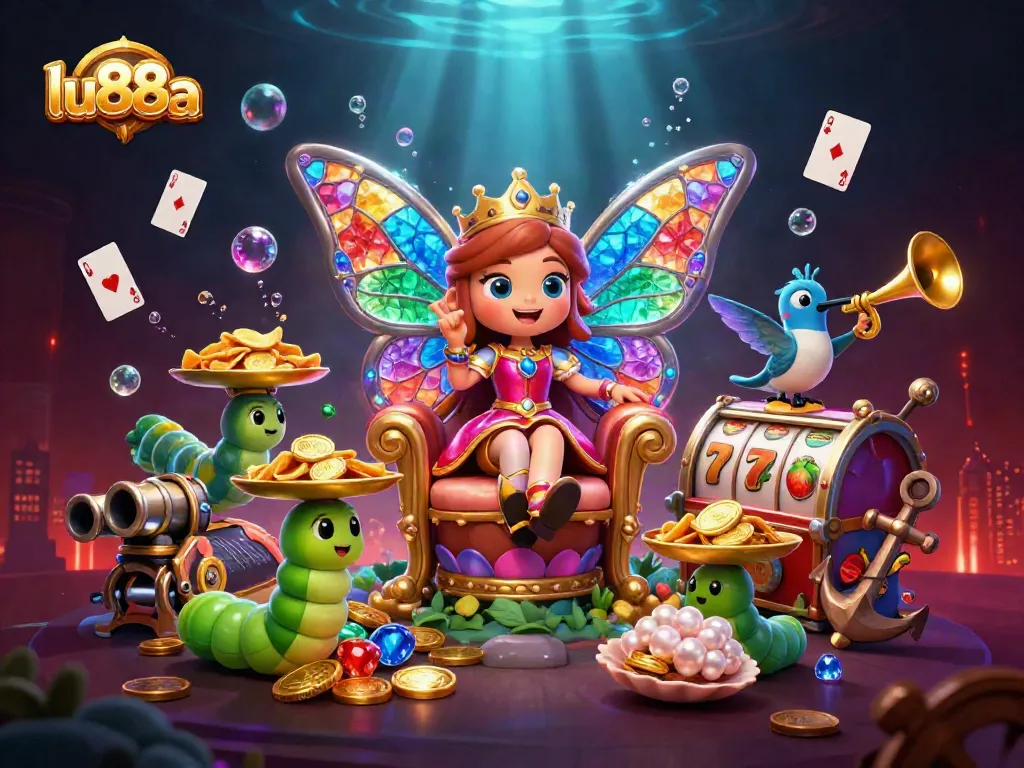 Experience the magic of lu88a with a vibrant casino-themed 3D illustration full of games and excitement.