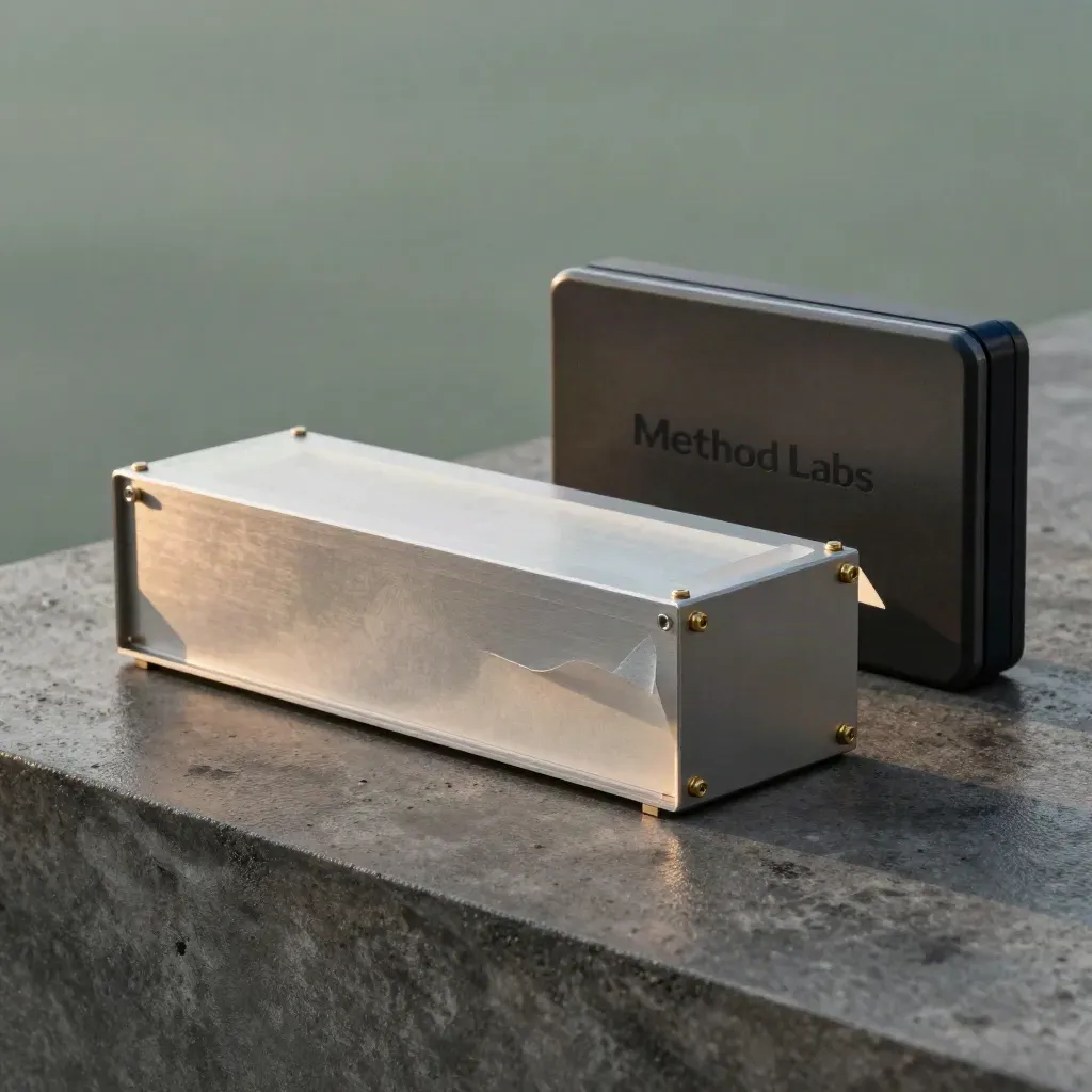 Prototype kit on slate concrete with aluminium halves, brass standoffs, and charcoal case.