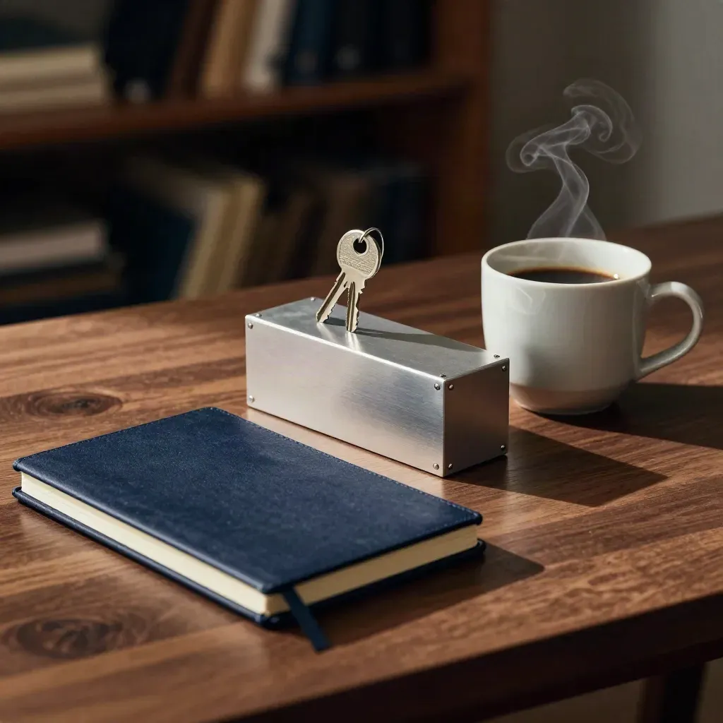 Closed notebook, prototype enclosure and coffee cup on a walnut workbench in dramatic studio light.