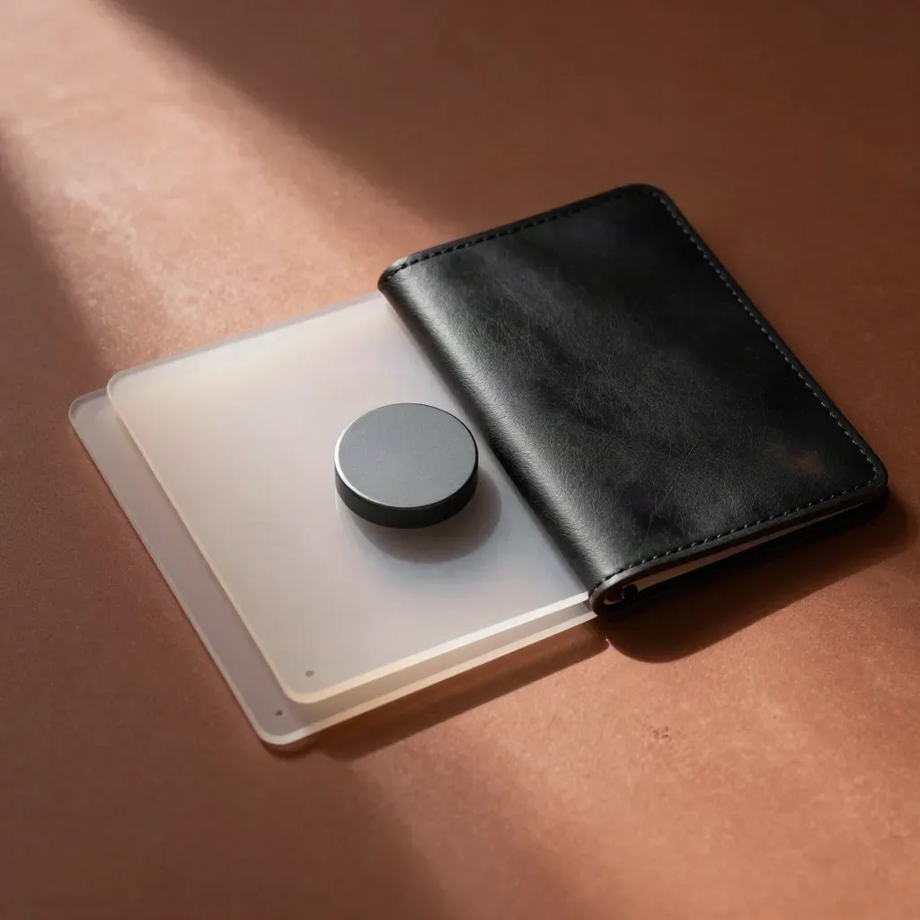 Top-down still life of prototype panels, sensor puck and closed folio on terracotta clay.