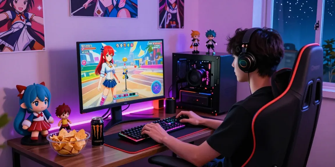 Engaged player enjoying a colorful hentai game in a cozy gaming nook with anime decor.