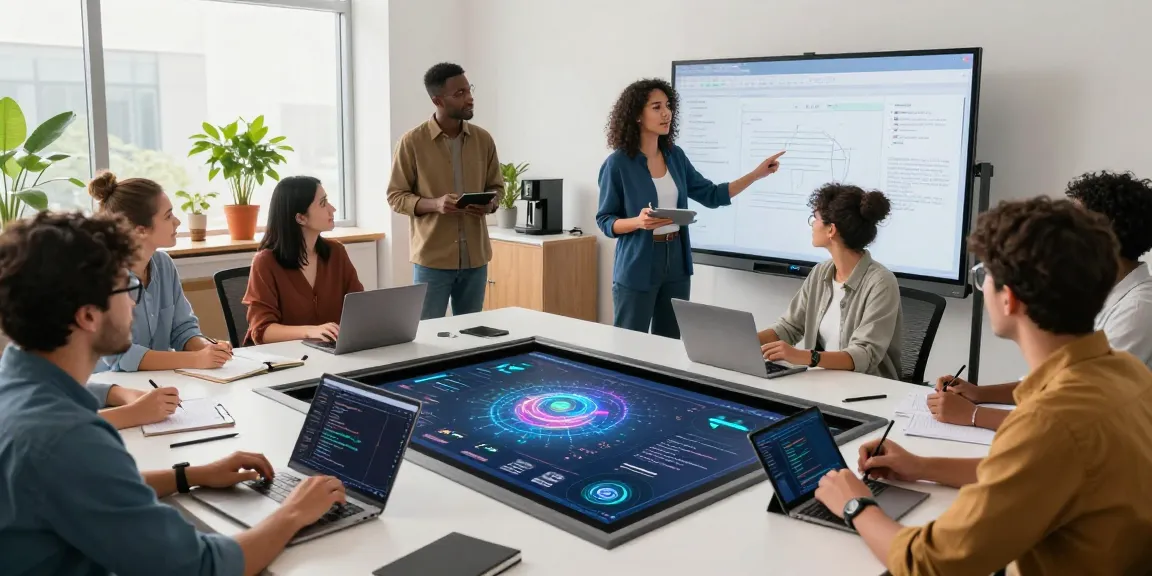 Collaboration in a tech workspace showcasing generative AI insights on touchscreen displays and coding.