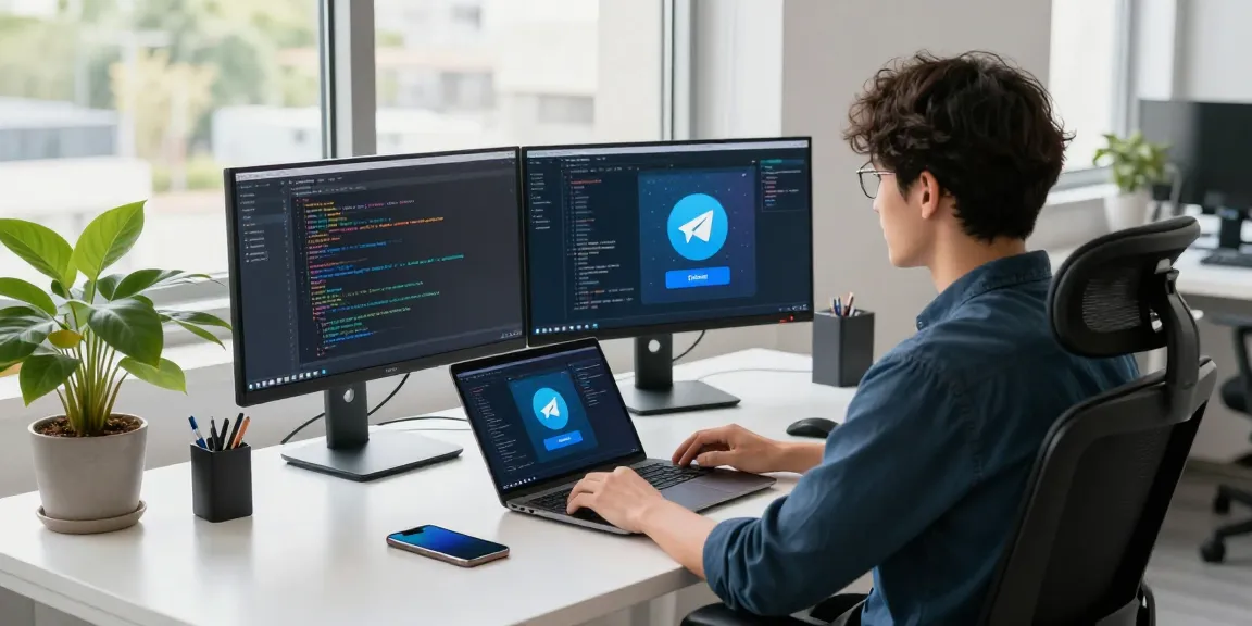 Download Telegram下载 on a modern workspace with tech gadgets and app interfaces.