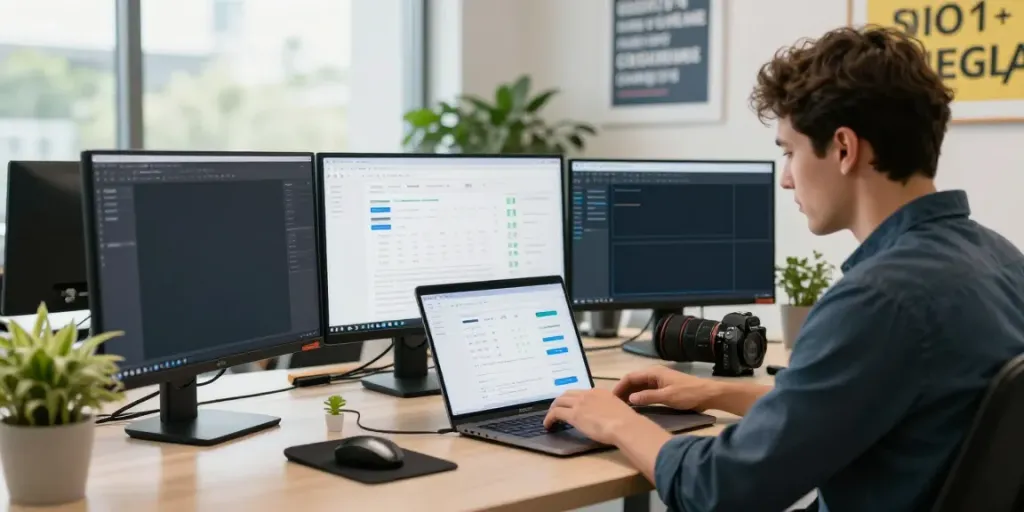 Professional analyzing instant indexing strategies in a vibrant digital workspace.