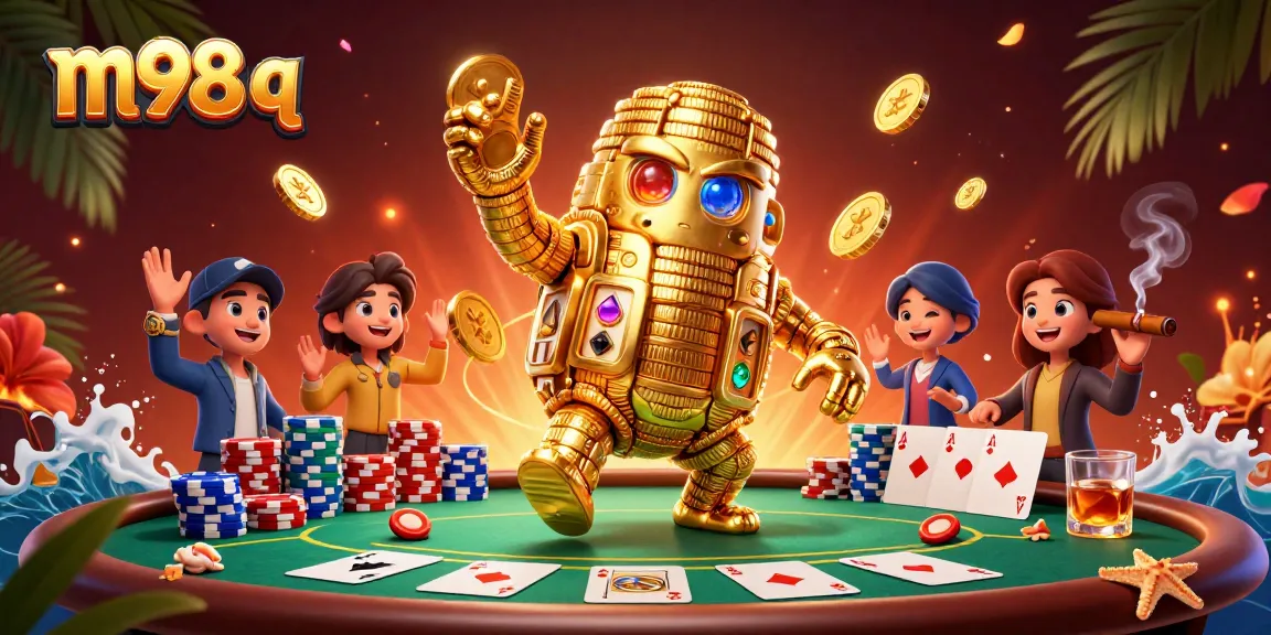 Experience the excitement of m98 q with a golden golem, poker chips, and vibrant casino elements.