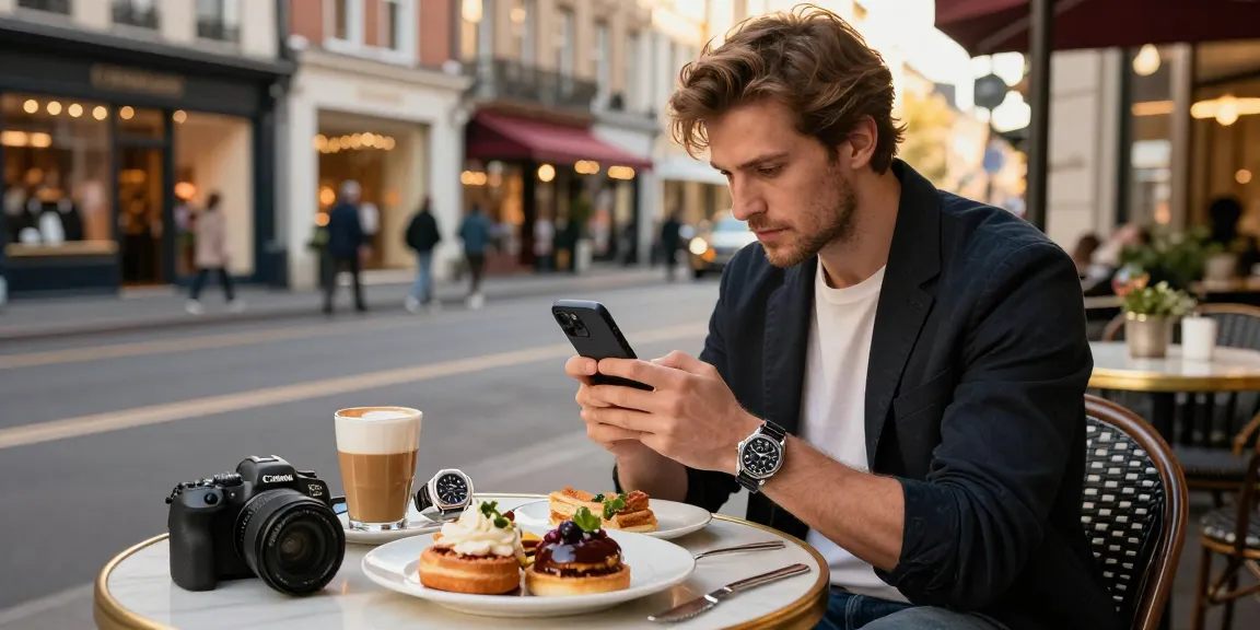 Enthusiast admiring a clone watch in an urban café setting, showcasing luxury and style.