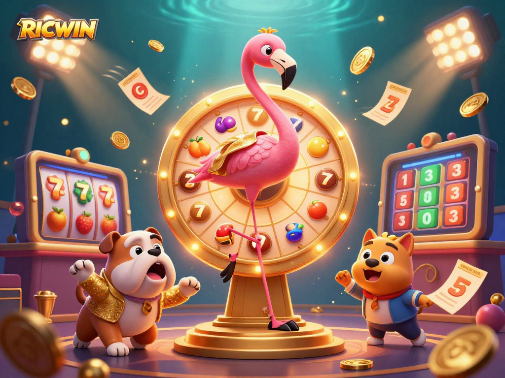 Spin the RICWIN prize wheel with excitement as the flamingo host and bulldog contestant cheer on!
