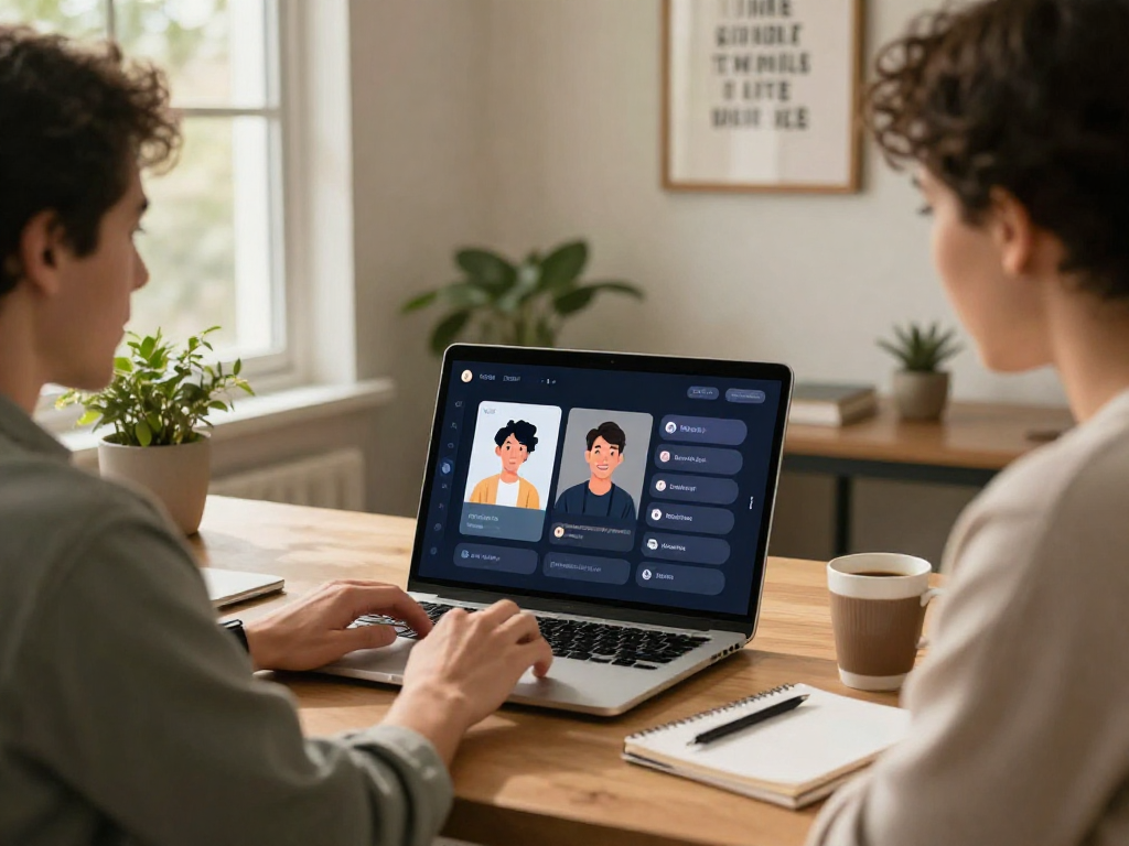 Engaging ai porn chat experience in a cozy home office setup with animated avatars and warm lighting.