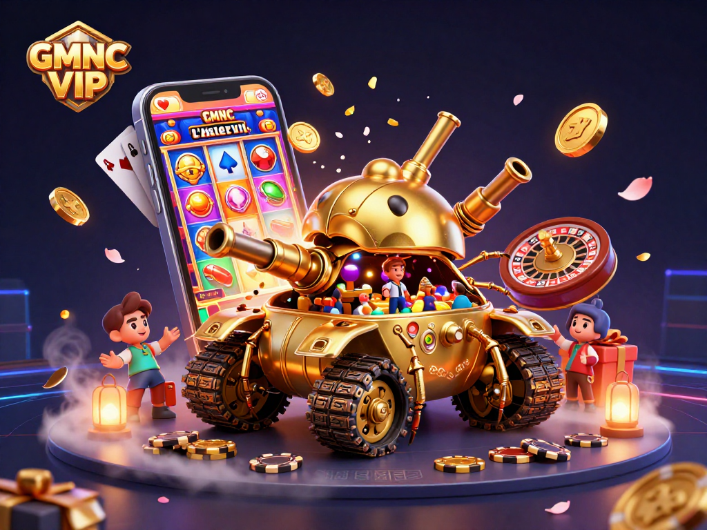 Engage with GMNC VIP's dynamic casino scene featuring a golden beetle tank and captivating gaming elements.