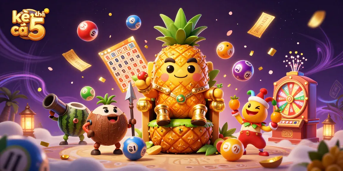 Engage with kèo nhà cái 5 through an artistic depiction of a lively casino scene featuring a golden pineapple king.