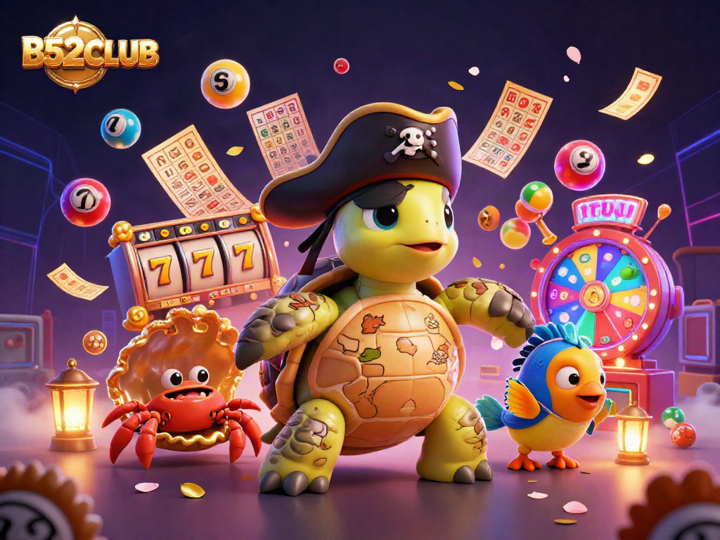 B52CLUB invites you to win big with our vibrant 3D casino illustration filled with colorful lottery balls and slots.