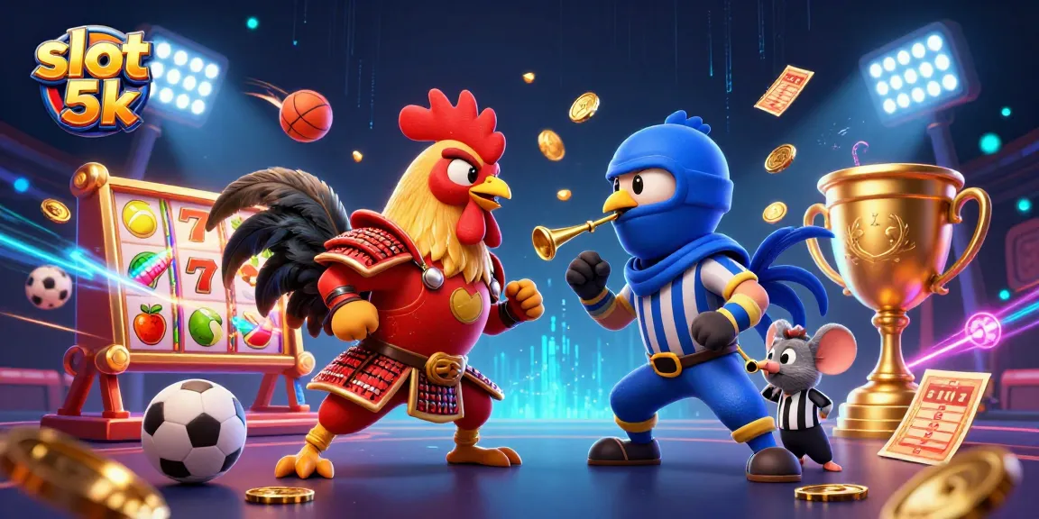 Win big with slot 5k in a dynamic casino showdown featuring 3D characters and vibrant elements.