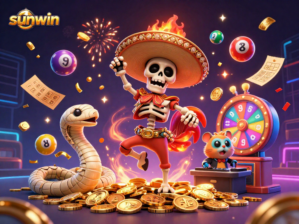 Win big at sunwin with lively characters dancing amid colorful lottery excitement!