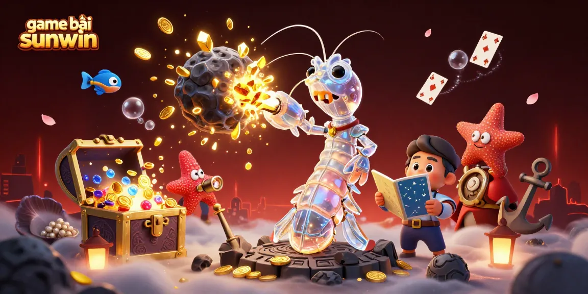 Experience the thrill of game bài sunwin as the galactic samurai shrimp battles for treasure among floating playing cards and vibrant gems.