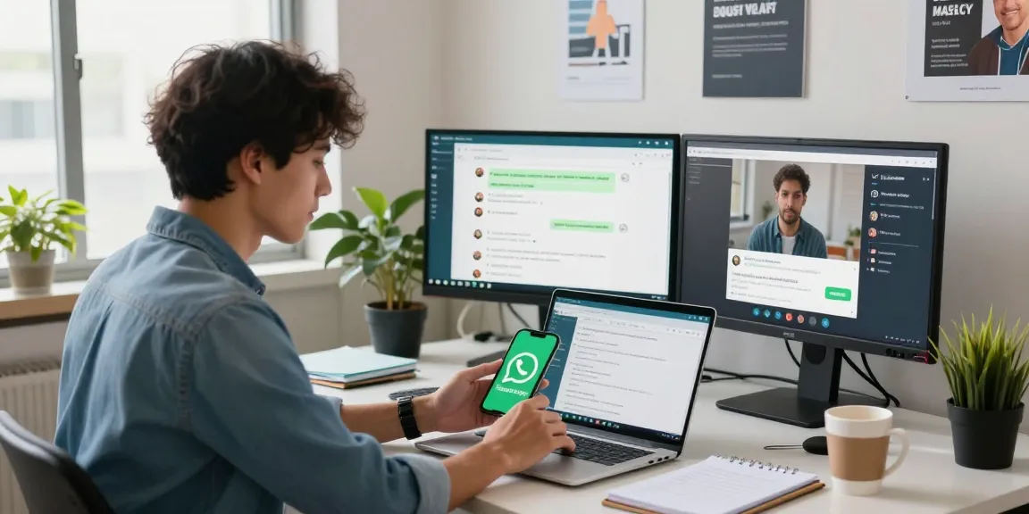 WhatsApp下載 displayed on laptop while a professional engages with the app in a modern workspace.