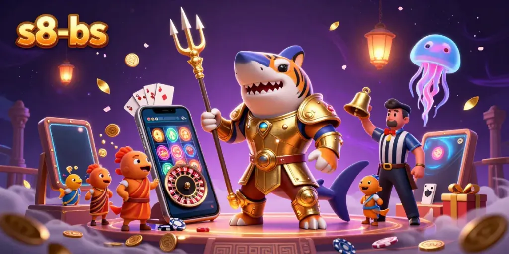 Engage in winning strategies at s8-bs with a vibrant underwater casino scene showcasing a golden shark and colorful slot games.