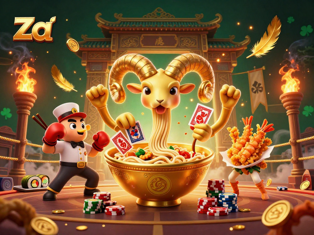 Winning with za at the dynamic online casino, featuring a golden ramen bowl dealer and energetic characters.