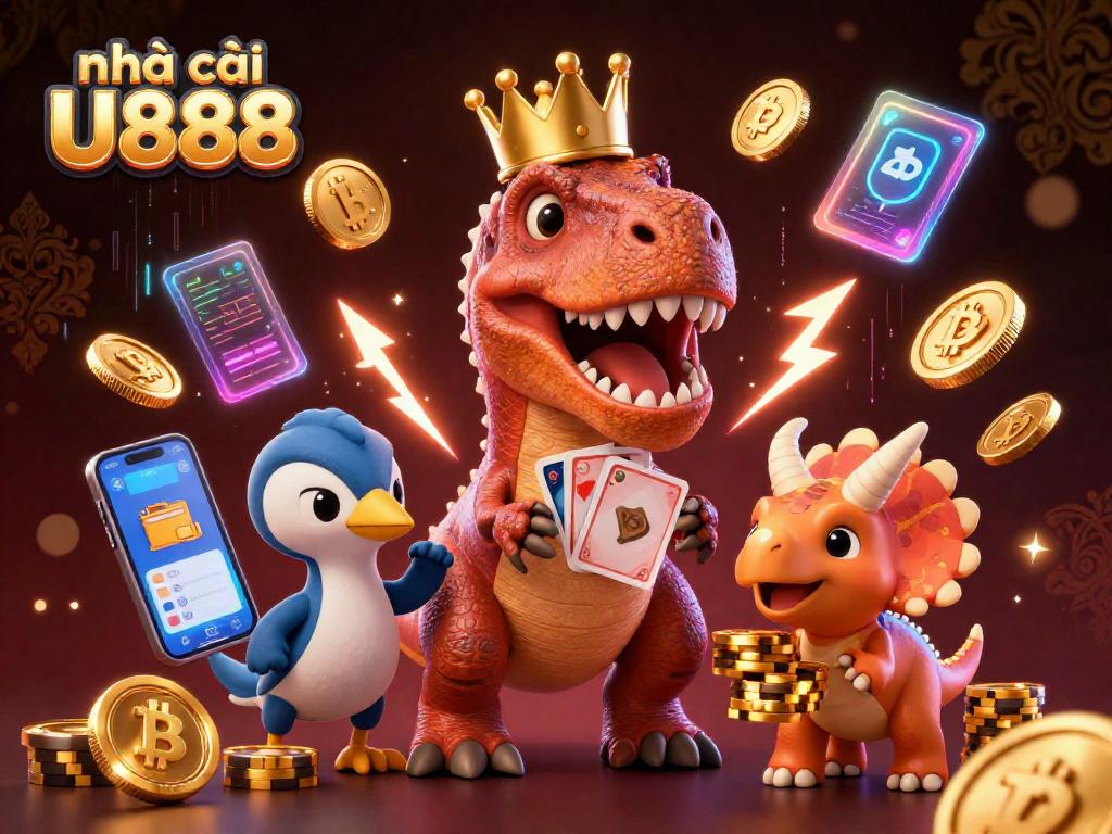 Engage with nhà cái U888, a vibrant 3D casino scene featuring dinosaurs, crypto coins, and gambling elements.