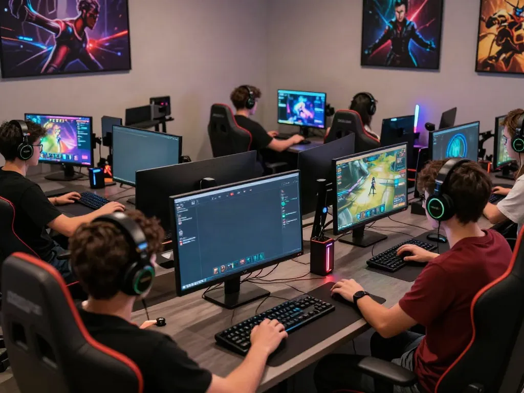 Players enjoying the debet online gaming platform in a vibrant gaming lounge