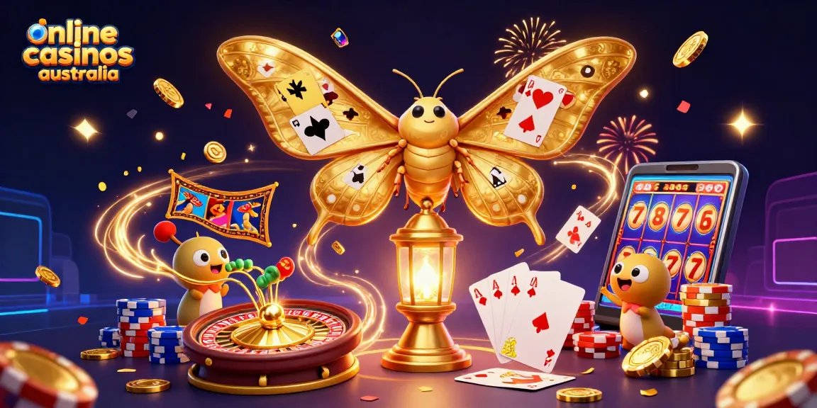 Engage with online casinos Australia through a vibrant 3D illustration showcasing casino-themed elements and colorful characters.