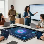 Collaboration in a tech workspace showcasing generative AI insights on touchscreen displays and coding.