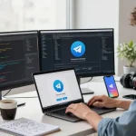 Download Telegram app in a modern workspace showcasing productivity and technology.