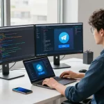 Download Telegram下载 on a modern workspace with tech gadgets and app interfaces.